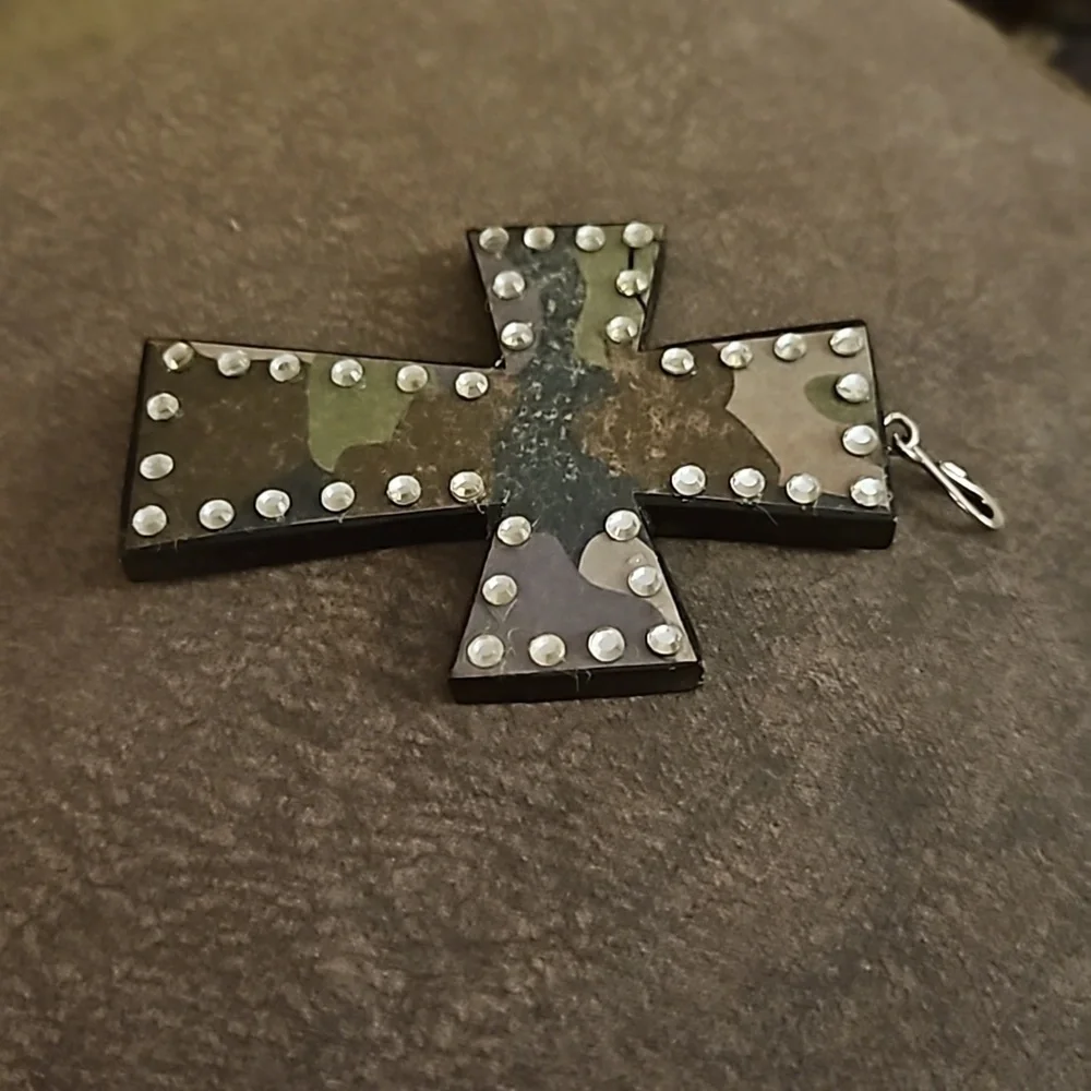 3/$30 Bedazzled Camouflage Wood Cross Pendant